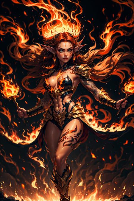 Ember-toned skin,  pointed ears aglow with fiery hues,  flame-forged armor,  cascading molten gold hair,  eyes ablaze with intense orange-red radiance,  elegant and sinuous physique,  swirling flame tattoo,  backdrop of flickering flames,  ember-toned skin.,<lora:EMS-498-EMS:0.800000>,<lora:EMS-22481-EMS:0.800000>