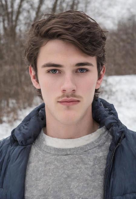 A photo of a 18yo white boy with facial hair and (imperfect skin:1.5), with a confident and relaxed demeanor. He has short, neatly styled dark hair. His eyes are a striking (shade of blue:1.5). standing outdoors on a cloudy day during the winter season. The lighting is soft and natural, highlighting his features and creating a warm, inviting atmosphere, full body, <lora:epiCRealismHelper:0.3>