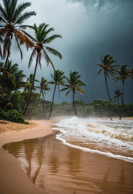 A heavy storm with rain on a sandy beach between palm trees.