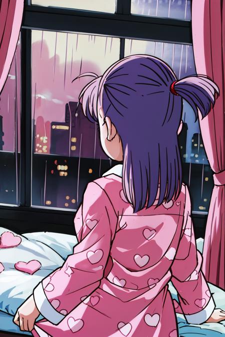 <lora:bulmaptp:0.7>, bulma, 1girl, solo, long hair, breasts,   night, long sleeves, bedroom, sleeping,  heart print, pink pajamas, pink shirt, from behind, window, rain, standing,  looking away, one side up,