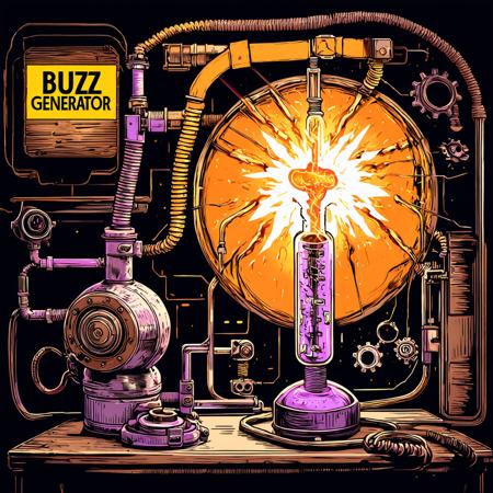 line art, crosshatching, detailed digital illustration, brown, purple, steampunk, workshop, laboratory, mad science, electricity, sparks, lightning in a vacuum tube, tesla coils, wires, machinery, gears, sign with text "Buzz Generator"