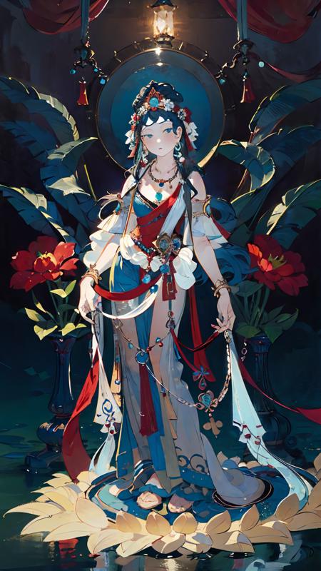 Duohuan,1girl,(illustration:1.1),(bestquality),(masterpiece:1.1),soft portrait shot 8 k,solo,jewelry,necklace,full body,blue hair,fine art parody,long hair,standing,headdress,2flower,
<lora:Dunhuang V2.0-000009:1>,