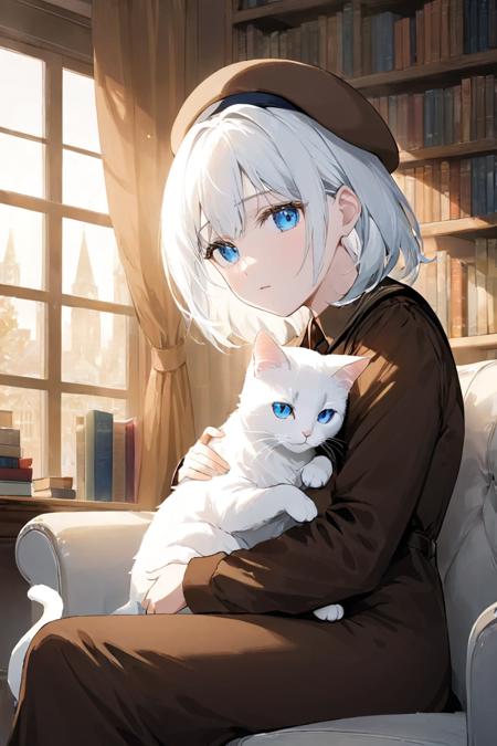 white hair, blue eyes