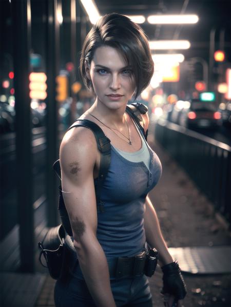 Jill Valentine, portrait,  smiling, at city at night, bruises, dirt, (8k, RAW photo, best quality, masterpiece:1.2),ultra-detailed, (high detailed skin:1.2), 8k uhd, dslr, soft lighting, high quality, <lora:Jill_Valentine_RE3R_v1:0.8>