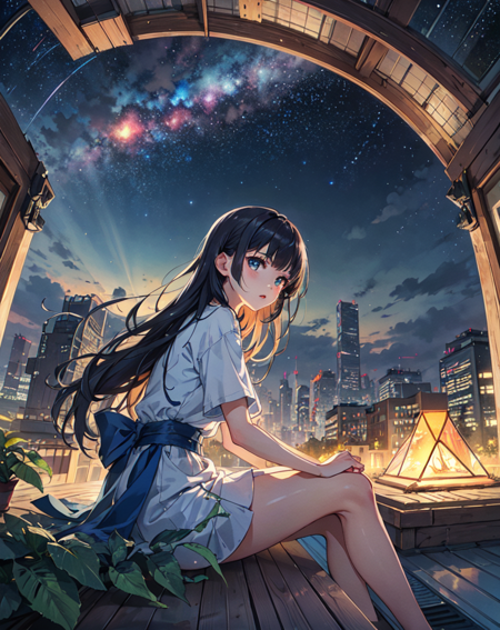 best quality, masterpiece, extremely detailed, detailed background, anime, 1girl, young girl, short girl, sci-fi, science fiction, outdoors, night, starry sky, greenhouse, megastructure, bio-dome, landscape, scenery, horizon, rooftop, sitting on rooftop, wind, looking away, atmospheric lighting, solo focus, close up, from side, depth of field, bokeh