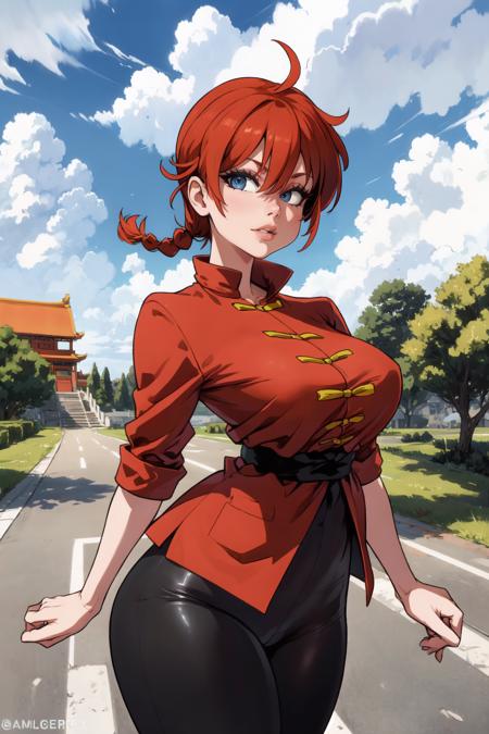 1girl, (solo:1.2), (cowboy shot:1.2), (looking at viewer:1.3),
<lora:Ranma - Ranma-chan [justTNP - v1.0]:1> femaleranma, braided ponytail, (chinese clothes:1.2), tangzhuang, black pants, (red chinese style jacket:1.3), curvy, large breasts, young female, (energetic:1.2)
BREAK <lora:Asanagi [MockAi - v1.0]:0.85> asanagi, (anime aesthetic:1.2), matching eyelashes, detailed eyes
BREAK intricate details, (masterpiece:1.3), (best quality:1.3), (perfect anatomy:1.4) BREAK, (beautiful white clouds:1.3), puffy clouds, white sky