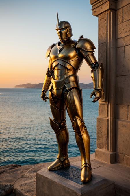 Create a detailed image of Talos, the bronze Greek robot, guarding Crete's shores. He stands tall, with glowing eyes and a pose ready to defend against invaders. His bronze body, adorned with Greek engravings, shines under the setting sun against a backdrop of the Mediterranean Sea. Highlight his mechanical joints and the ancient craftsmanship, capturing the blend of mythology and technology  <lora:more_details:0.6>