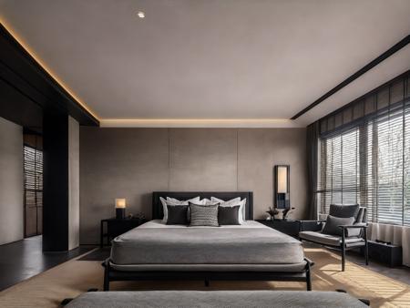 Lao Chen, Lao Chen, bedroom, dark color, bed, carpet, chairs, windows, ceiling of the best quality, masterpiece, high quality, realistic, realistic, super detailed, full detail, 8K,