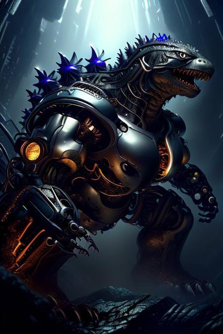 cinematic film still silverpulse, cyborg Godzilla, simple background, high quality, artistic, vibrant colors, detailed textures. futuristic sleek/glossy silver and blue glow, vibrant colors, detailed textures., Concept art, cyborg, background, vintage, modern, SilverPulse, <lora:SilverPulseMorphXL:0.8>, excellent composition, artistic, highly detail, holy, sunny, dynamic dramatic beautiful full taking . shallow depth of field, vignette, highly detailed, high budget, bokeh, cinemascope, moody, epic, gorgeous, film grain, grainy, front view,