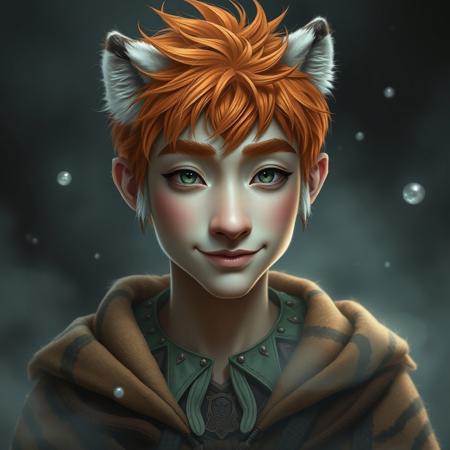 An asian teen man with a wide flat nose, half smile, furry skin, orange hair, green eyes, no sclera, fuzzy ears, shaggy eyebrows,  white sideburns, gypsy clothing, surrounded by mist and floating silver wisps, tiger stripes
