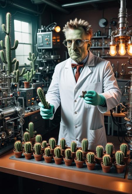 8k, uhd , dynamic action photograph ((The most insane but genius cactus)), ((The most insane but genius cactus) is wearing (a white lab coat), (a glasses with steampunk style additional amplifying lens), and (latex gloves)), ((The most insane but genius cactus), is also holding (a fluid filled specimen jar containing a mutant clone))
<< BREAK >>
((interior of a retrofutuistic mad scientist laboratory),
[ (intricately detailed), (very detailed background), (full-length photograph), (double-exposures), (alternate reality)]