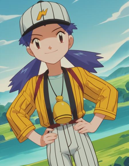 casey, long hair, twintails, blue hair, shirt, long sleeves, hat, striped, white headwear, baseball cap,