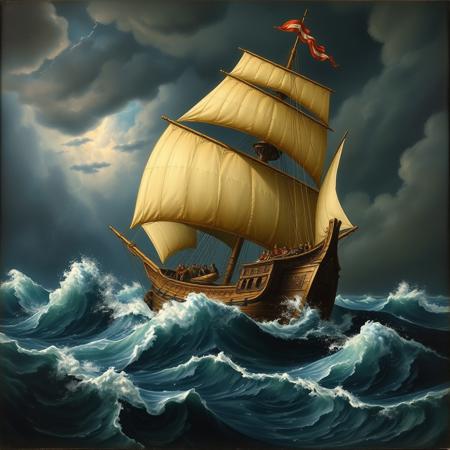 Spanish Caravel, Large Caravel sailing through a heavy storm, The ship's crew tries to hold the sails, High detail, Epic painting, dramatic plot, dark water, huge waves, dark stormy sky, Flashes of lightning, , pastel colors, Oil painting, 16th century, Renaissance