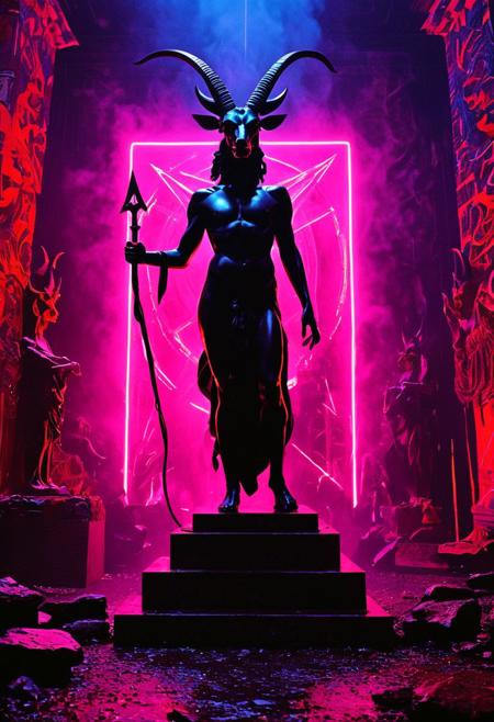 A modern museum exhibit features a controversial, avant-garde statue of Baphomet. This statue merges classic elements with modern artistic expressions, surrounded by multimedia presentations that explain its significance in contemporary and historical contexts., 
in the style of a vintage, high-contrast setting, capture the essence of a campy and sensual satanic ritual. Emphasize theatrical elements with bursts of bright colors against dark, moody backgrounds
,grim landscapes with vibrant exaggerated neon colorful art, 
, old 80's VHS dark fantasy, VHS screen grab, grainy, old footage