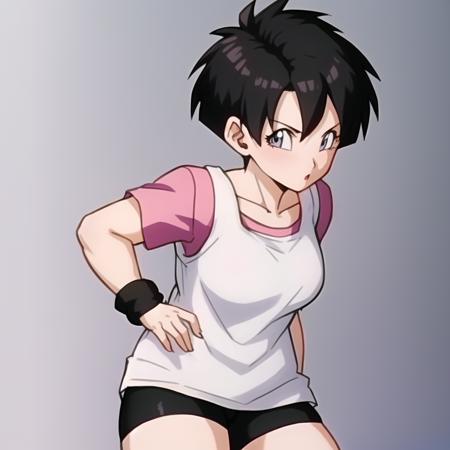 Videl, 1girl, anime screencap, highly detailed, 8k, masterpiece, best quality, spiked hair, biker shorts, from above