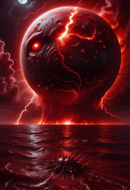 A colossal moon reflecting in a blood ocean, bizarre marine creatures with glowing eyes and tentacles emerging from the water, night sky cracked by red lightning, (blood ocean reflections:1.5), cinematic wide shot, epic scale, dramatic clouds, otherworldly ambiance, horror surrealism. Blood for the Blood God, blood, lazympos, lazyneg, easynegative