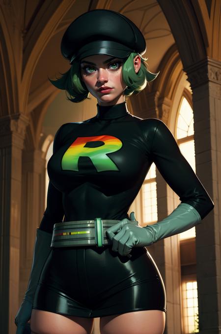 rinbogrunt,green hair,green eyes,short hair,
team rainbow rocket uniform,hat,belt,white gloves,black turtle neck,long sleeves,
solo,upper body,standing,serious,black miniskirt,thick,white thighhighs,
secret base,indoors,
(insanely detailed, beautiful detailed face, masterpiece, best quality),<lora:RainbowRocket-10:0.8>,