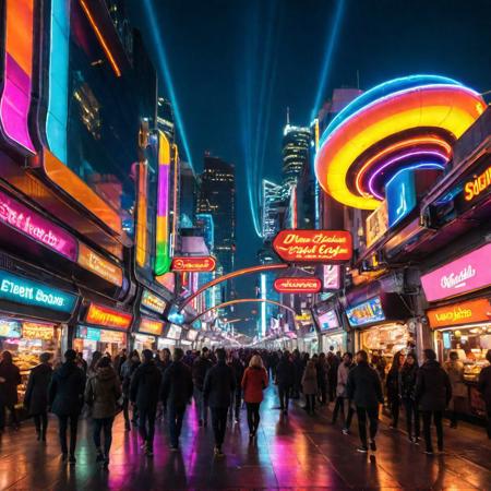 You are standing in the heart of a futuristic cityscape that is bustling with life and activity. The buildings around you are sleek and modern, with sharp angles and reflective surfaces that glint in the bright neon lights. The streets are filled with hovering cars that have bright headlights and glowing exhaust pipes, zipping past you at breakneck speeds. You can hear the sound of people talking and laughing, and the smell of street food wafts through the air. The sky above you is filled with dazzling neon lights that illuminate the city in a rainbow of colors. flying spaceship. bright digital advertisement boards with pictures only. hyper realistic, 8k, ultraealistic, HDR, HD, Realism
BadDream, OverallDetail