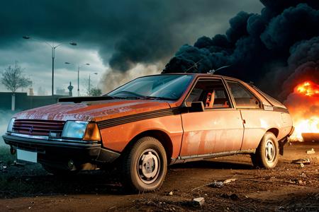 analog gloomy photo of a red Renault Fuego car, <lora:fu3g0:1>, (chased by zombies in the city (at night)), urban street ruins in the background, zombie apocalypse, fire and smoke, explosions in the back, (nighttime), High Detail, Sharp focus, ((photorealism)), flares, realistic, best quality, 8k, award winning, dramatic lighting, epic, cinematic, masterpiece, depth of field, by hrrzg