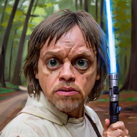 fisheye view of young Mark Hamill as Luke Skywalker, big nose, a big mop of disheveled hair, (small eyes:1.3), lightsaber in his hand, forest on background, caricature, albeniz rodriguez style <lora:albeniz-rodriguez-style:0.8>