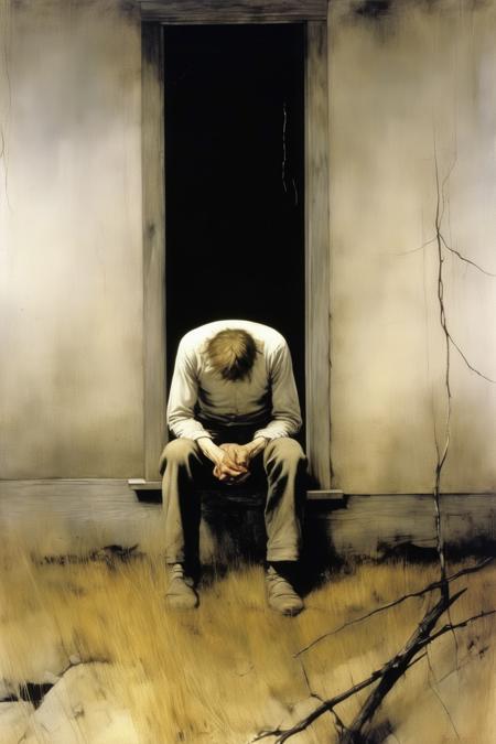 <lora:Andrew Wyeth Style:1>Andrew Wyeth Style - Andrew Wyeth style depicting debilitating depression and painful anxiety, isolation and personal horror, hauntingly quiet and emotionally suffocating, feeling disconnected, empty, and trapped in a desolate abyss, Restless, fearful, tense, nervous, agitated, overwhelmed, panicked, apprehensive, worried, insecure, doubtful, jittery, stressed, irritable, obsessive, compulsive, insecure, self-doubting