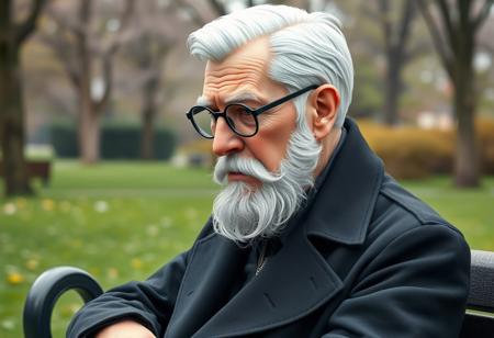 A highly detailed, semi-realistic 3D digital illustration style, long distance, full body view of an dignified and wise writer sitting on a bench in the park, looking disappointed, tired. His short white hair is combed back from his forehead, revealing a slightly receding hairline. A neatly groomed white beard, Long  sideburns. Mustache neatly curved along his upper lip. Chiseled, narrow face with a strong jawline and prominent cheekbones. Thick, arched eyebrows sit above round, black-framed glasses on his sharp, narrow nose. His pale, healthy skin shows fine lines that reflect his experiences, with a slight rosiness in his cheeks. He wears a long black trenchcoat.  Green Park, Spring, cold weather.