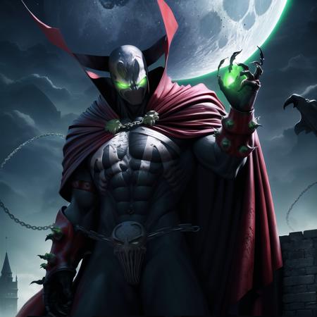 spawn, chain, red cape, glowing eyes, night, moon, glowing, green eyes, green fire, hand up, sky, claws, cloud, solo, castle, night sky, abs, intricate details, masterpiece, absurdres, best quality, cowboy shot <lora:spawn:0.9>