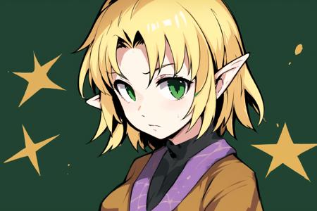 1girl,solo, 
 <lora:JOKER_V10:0.95>,JOKER,blonde hair, blown jacket,intake bungs, forehead,green eyes,pointy ears, short hair,expressionless, hair streaked to the side