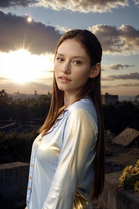  a  picture of chyler leigh,wearing a shirt and pajamas, long hair,  masterpiece,best quality,photorealistic,sunset,on the ruins of an old civilization,beautiful, lens flare, emotional, sweet, flowers, detailed, picture, complex background, shiny, golden in background,beautiful lighting,deep shadow,ultra highres