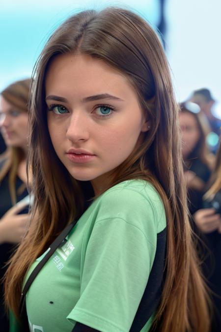 a naturally beautiful woman <lora:kendraRowe:1.2>, at the crowded comiccon convention, star wars teeshirt, facing camera, perfectly straight brunette hair, [upper body], (close up:1.2), 8k, raw, uhd, fujifilm x-t3, close up, highly detailed face, ((candid, amateur)), stunning eyes, smiling:0.5, (people in the background)