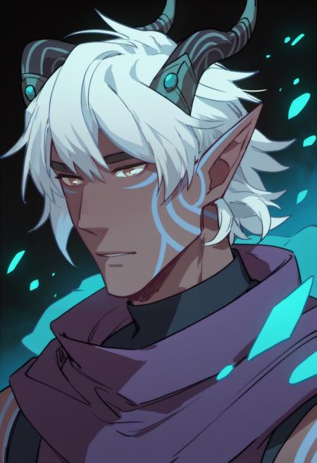 ethari_tdp, white hair,horns, pointy ears, tattoo, colored skin, dark-skinned male