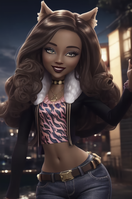 Clawdeen_Wolf_MH-3D, colored skin, dark skin, brown hair, wolf ears