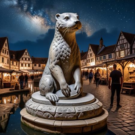 medieval era, stone otter statue, medieval marketplace, night sky, medieval stalls, fountain,