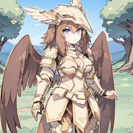 griffy there is a female harpy, 1girl, solo, armor, brown hair, nature background, wings, blue eyes, gauntlets, helmet, outdoors,