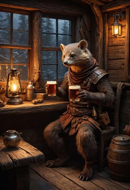 fantasy anthropomorphic a Pine-marten warrior in dark tavern holding a pint of ale in a cozy environment with gas lamps rustic wood warm brick fireplace and frosted glass windows