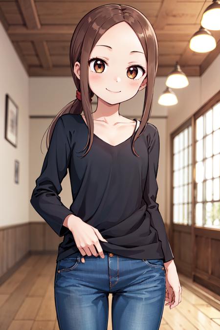 masterpiece, best quality, highres, 1girl, bbtakagi, long hair, low ponytail, collarbone, black shirt, long sleeves, blue pants, jeans, <lora:takagi-san_v1:0.7>, indoors, cowboy shot, standing, smile