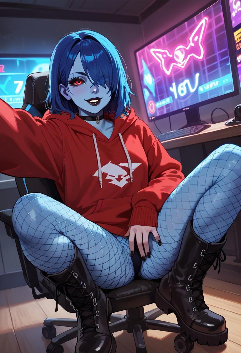 score_9, score_8_up, score_7_up, 4K4BUR5TYL3, Jabstyle, SFW, 1girl, solo, colored skin, blue skin, red eyes, blue sclera, long hair, blue hair, messy hair, ringed eyes, oversized hoodie, red hoodie, combat boots, platform boots, knee boots, fishnet pantyhose, black choker, blue drawstrings, black lips, hair over one eye, evil smile, gesugao, medium hair, hair over shoulder, bangs, black nails, black footwear, black laces, hood down, one arm out selfie, dynamic angles, dynamic pose, sitting on chair, gaming chair, detailed background, highly detailed, neon lights, gaming room