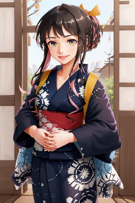 naganami, hair ribbon, school uniform, halterneck, shirt, bow, long sleeves, skirt, grey pantyhose naganamiyukata, hair ribbon, japanese clothes, yukata, sash, obi