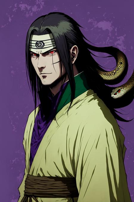 orochimaru, 1boy, red eyes, male focus, solo, snake, pale skin, simple background, purple background, upper body, looking at viewer, forehead protector, headband, shirt, robe