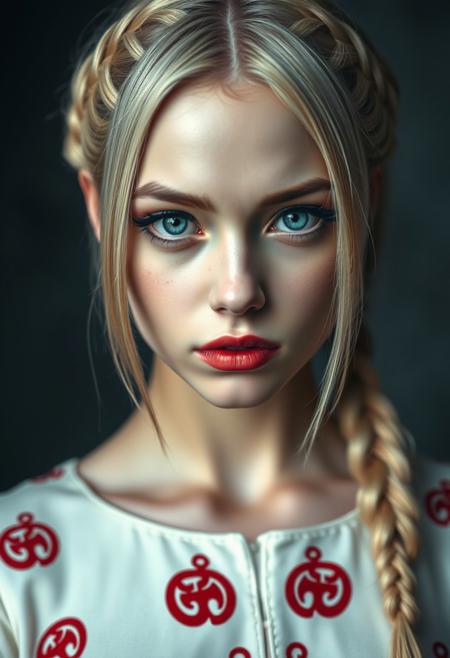 masterpieces, close-portrait, female, makeup, pale skin, blonde hair, braided hairstyle, mysterious, red black symbols on dress, glossy blue eyes,best quality,masterpiece