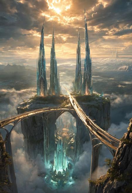 a wide aerial view of a floating elven city in the sky,with two elven figures walking side by side across a glowing skybridge,the bridge arching between tall crystal towers,surrounded by clouds and golden light,majestic and serene atmosphere,vivid style,magical fantasy architecture,