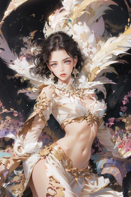 (absurdres, highres, ultra detailed), 1girl, solo, black hair, extremely detailed eyes, (official art, beautiful and aesthetic:1.2), (fractal art:1.3), colorful, highest detailed, (zentangle:1.2), (dynamic pose), (abstract background:1.3), (shiny skin), (many colors:1.4), ,(earrings:1.4), (feathers:1.4) <lora:LORA-Cool Mix Style:1>