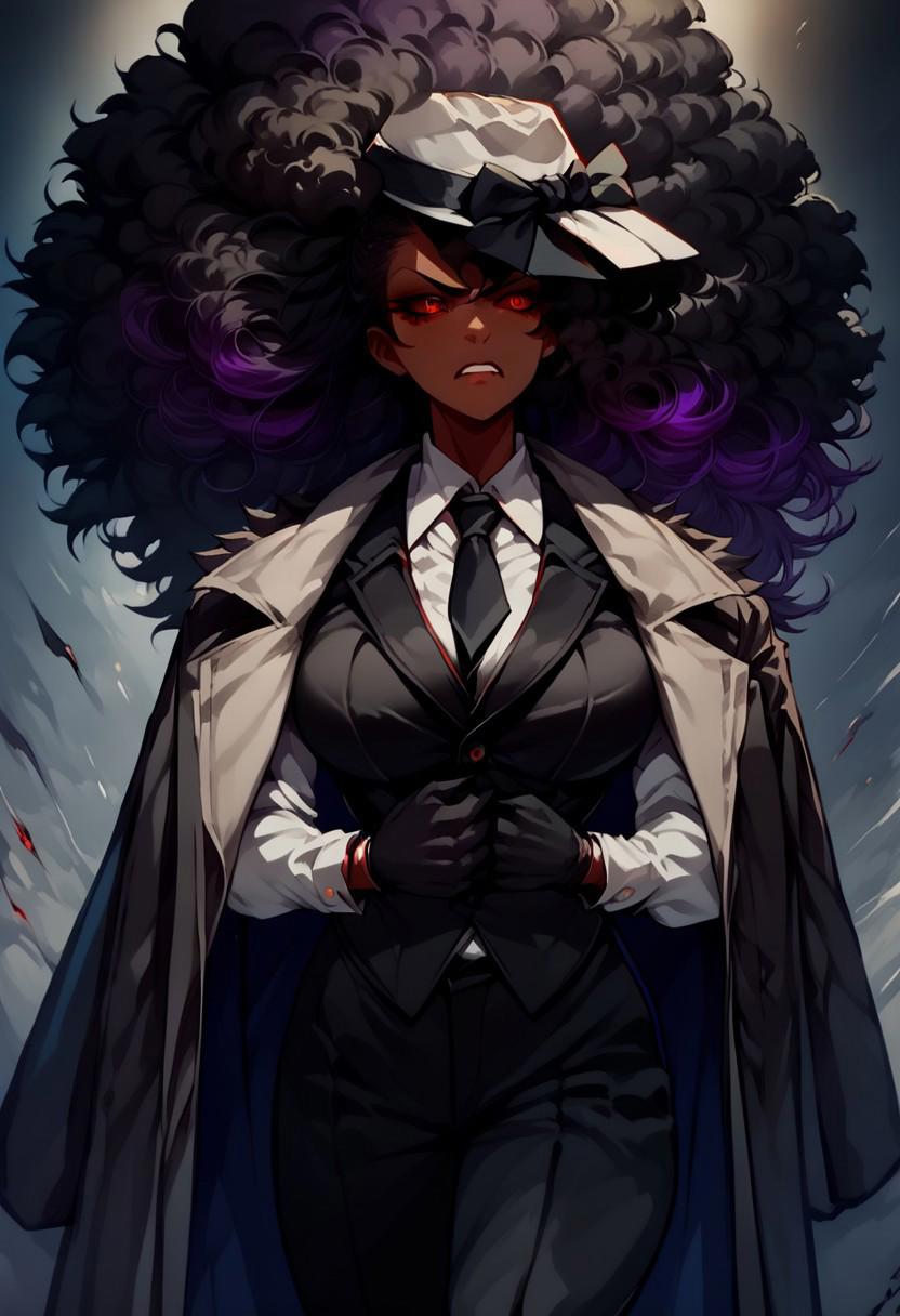 score_9, score_8_up, score_7_up, source_anime, 1girl, black hair, red eyes, dark skin, dark-skinned female, purple hair, gradient hair, two-tone hair, curly afro, large breasts, mafi4, necktie, gloves, suit, fedora, white shirt, black vest, black pants, coat