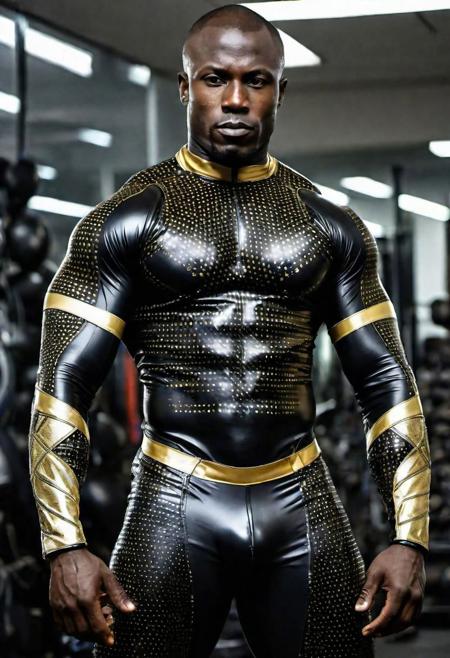 a very strong 34-year-old senegalese supervillain bodybuilder  male, with short hair,  evil face, evil expression, wearing a skin tight latex jockstrap, wearing a skin tight black latex supervillain suit with silver and gold patterns, big muscles. standing at attention posture, inside a supervillains headquarters, looking to the camera, detailed face, Cinematic, Photoshoot, Shot on 25mm lens, Depth of Field, Tilt Blur, Shutter Speed 1/1000, F/22, White Balance, 32k, Super-Resolution, Pro Photo RGB, Half rear Lighting, Backlight, Dramatic Lighting, Incandescent, Soft Lighting, Volumetric, Conte-Jour, Global Illumination, Screen Space Global Illumination, Scattering, Shadows, Rough, Shimmering, Lumen Reflections, Screen Space Reflections, Diffraction Grading, Chromatic Aberration, GB Displacement, Scan Lines, Ambient Occlusion, Anti-Aliasing, FKAA, TXAA, RTX, SSAO, OpenGL-Shader s, Post Processing, Post-Production, Cell Shading, Tone Mapping, CGI, VFX, SFX, insanely detailed and intricate, hyper maximalist, elegant, dynamic pose, photography, volumetric, ultra-detailed, intricate details, super detailed, ambient
