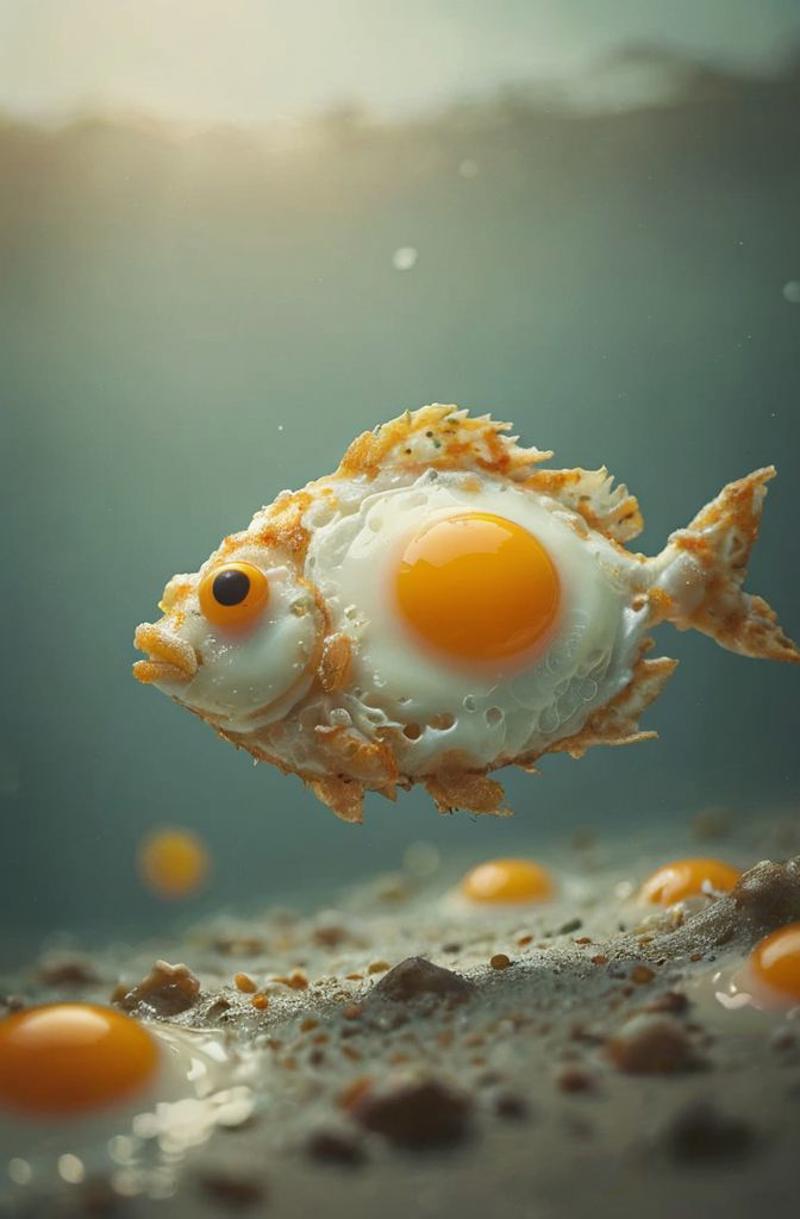 A small fish with a hard boiled egg on its forehead, swimming in a sea of eggs.