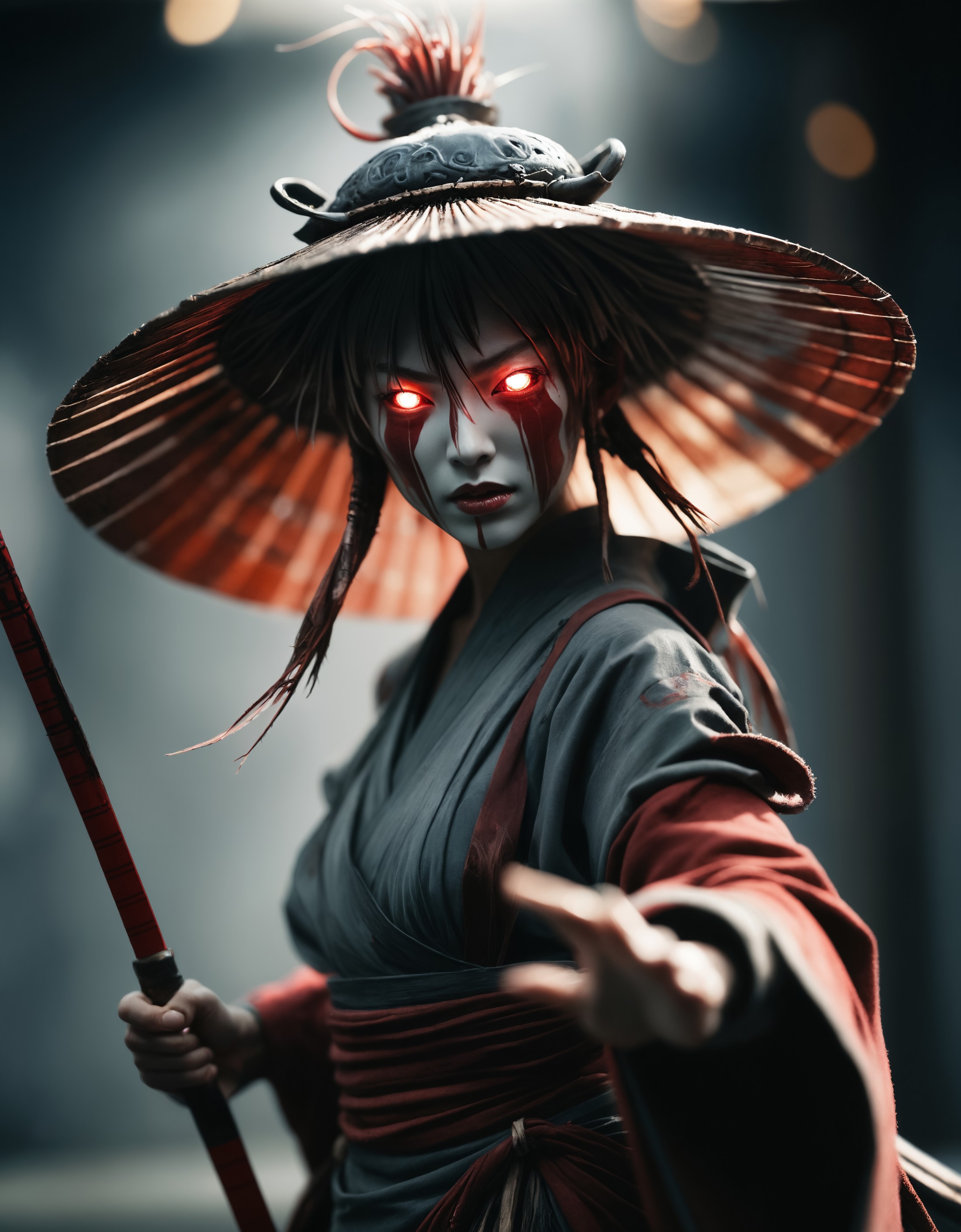 Capture the essence of a weathered old and worn-out female cyborg samurai amidst (swirling magical whisps). Bent forward, ...