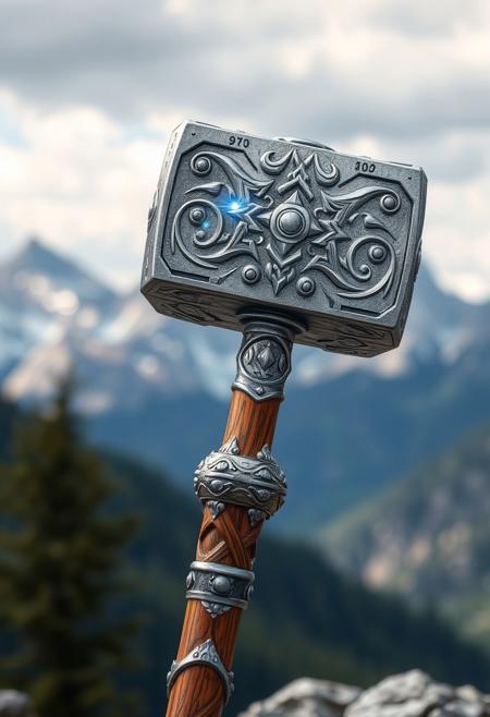 A fabulous Dwarven war hammer, bluish highlights sparking within its silver head, with arcane dwarven symbols etched into its side. It has a long highly polished oak haft with an intricate silver pommel, the rich grain showing through and elaborate scrollwork along its length. mountain panorama background, bokeh background