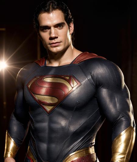 Photo of Henry cavill, superman, handsome male, beautiful dark texture costume hero, Photography, HD, cinematic, costume ornate gold, Photo realistic, Full body photo,  photo realism, ultra-detailed, intimate portrait composition, Leica 50mm, f1. 4,Highly Detailed,(Low Contrast:1.3) <lyco:locon_henry_v1_from_v1_64_32:1.0>