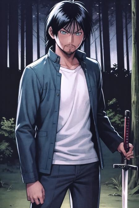 akira_miyamoto, 1boy, black hair, short hair, white pupils, stubble jacket, long sleeves, shirt, pants