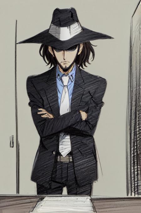 <lora:Jigen1:0.75>, 1boy, Jigen Daisuke, beard, fedora, hat, black hair, white necktie, blue shirt, black jacket, hidden eyes, ( (Yoji Shinkawa:1.2) | (Kentaro Miura:1.2)), (sketch:1.3)